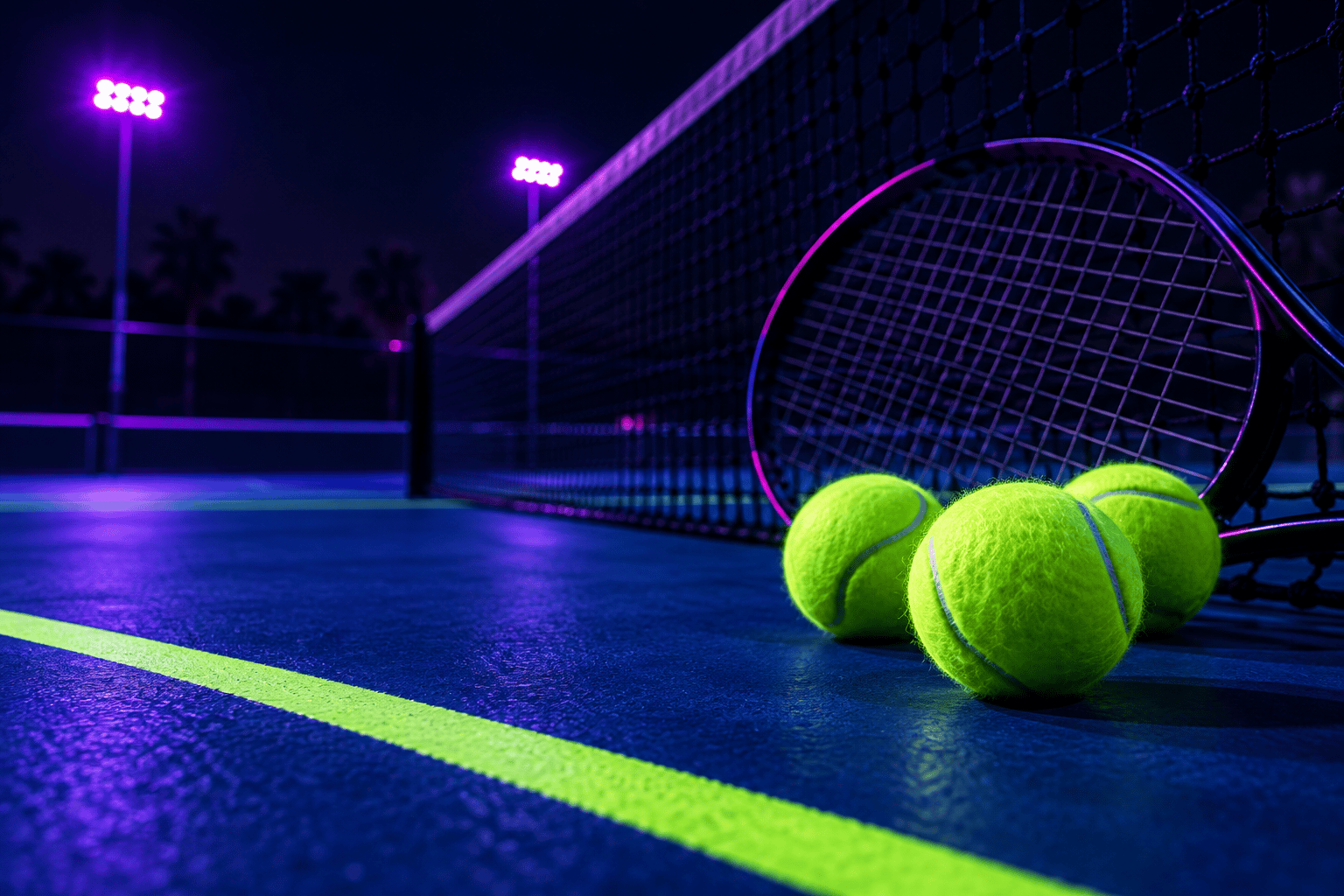 Balles de tennis vert fluo et raquette au pied du filet dans une ambiance fluo violette