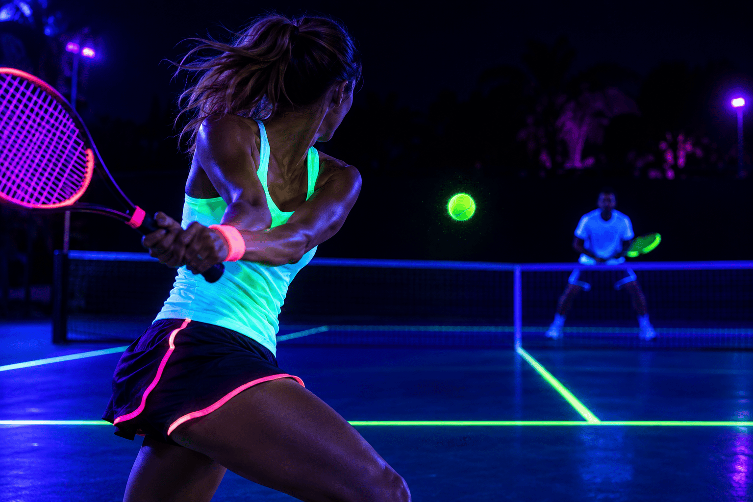 Joueuse de tennis à la volée, balle et lignes fluorescentes sous lumière fluo